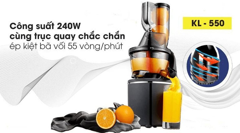 Công suất 240W, trục quay bằng inox chắc chắn giúp ép kiệt bã, đa dạng thực phẩm