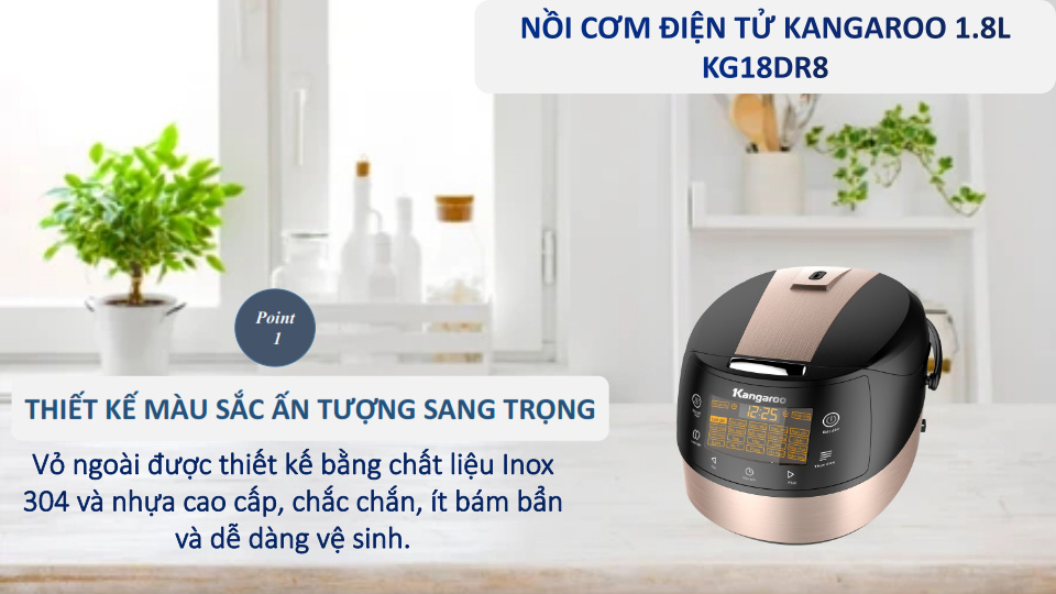 Vỏ nồi cơm điện tử Kangaroo 1,8 lít KG18DR8 làm từ chất liệu cao cấp, bền bỉ