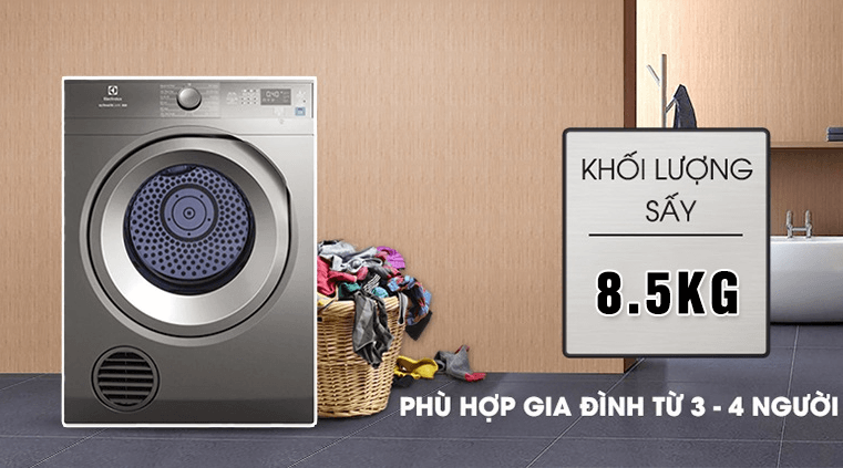 Khối lượng sấy 8.5kg phù hợp với gia đình 3 - 4 thành viên