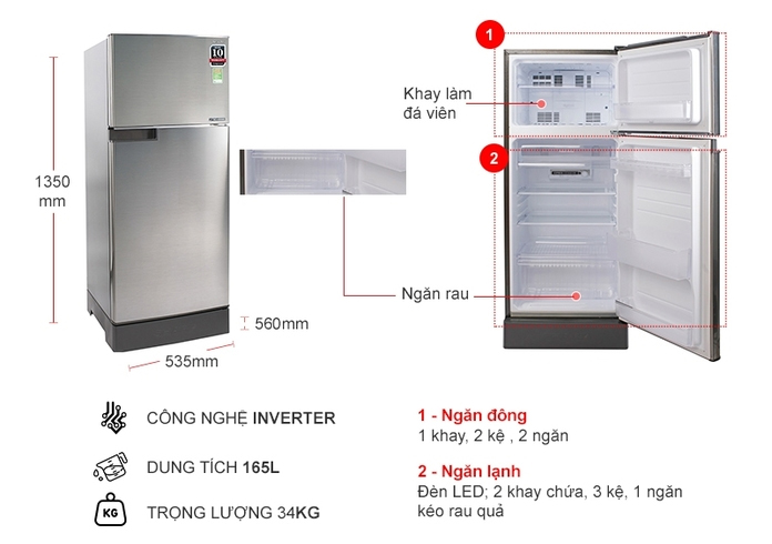 Tủ lạnh 2 cánh Inverter Sharp SJ-X196E-SL