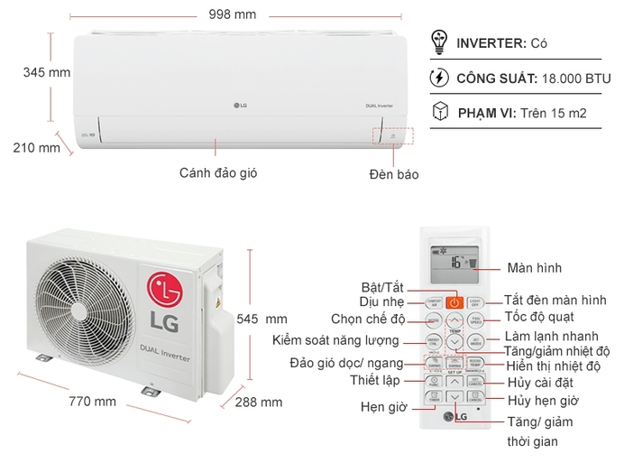 Cấu tạo điều hòa LG 1 chiều Inverter 18.000 BTU V18ENF1 (Model 2021)