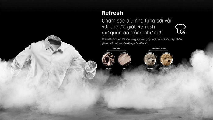 Chế độ Refresh trên máy giặt Aqua AQD-A1051G(S) giúp chăm sóc từng sợi vải 