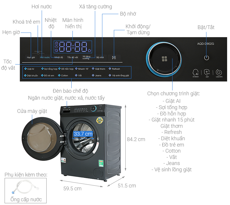 Cấu tạo máy giặt AQUA AQD- D902G BK