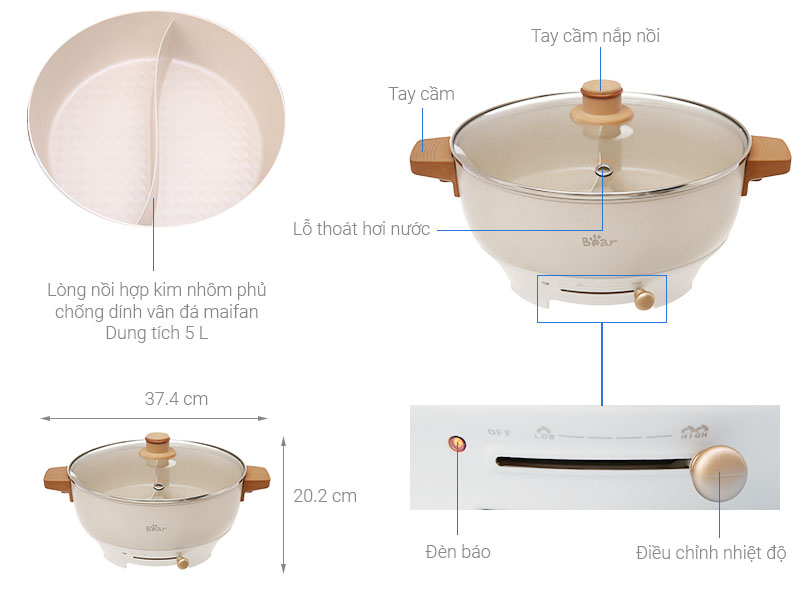 Cấu tạo của nồi lẩu điện Bear DHG-C50K1