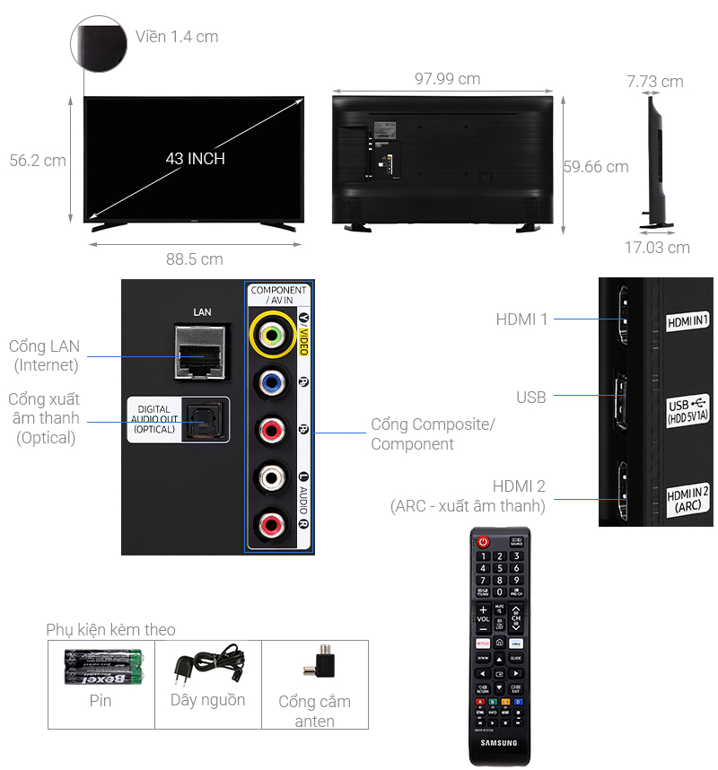 Thông số Smart Tivi Samsung UA43T6000AKXXV 43 inch Full HD