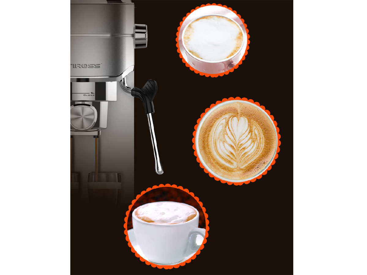 Máy pha cafe tự động Tiross TS6212 còn có khả năng pha chế Cappuccino, Latte...