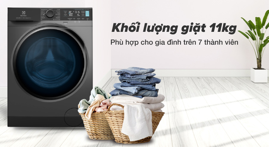 Máy giặt Electrolux EWF1142R7SB có khối lượng giặt thực tế là 11 kg quần áo mỗi mẻ