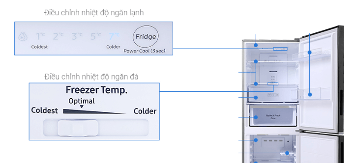 Tủ lạnh Samsung RB27N4010BU SV có bảng điều khiển nút nhấn và thanh trượt dễ sử dụng
