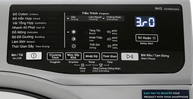 Máy sấy Electrolux EDV805JQSA có bảng điều khiển điện tử hiển thị rõ ràng, dễ quan sát, dễ sử dụng