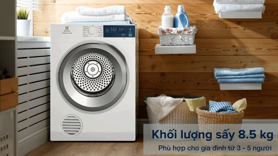 Máy sấy Electrolux EDV854J3WB có khối lượng sấy 8,5kg phù hợp với gia đình 3 - 5 thành viên