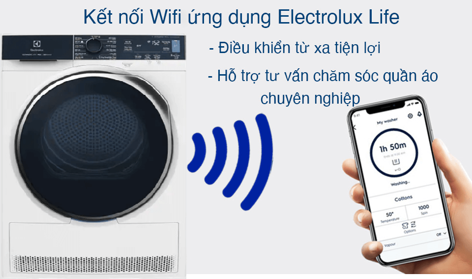 Máy sấy Electrolux EDH903R9WB có thể kết nối wifi, điều khiển máy sấy từ xa qua ứng dụng Electrolux Life