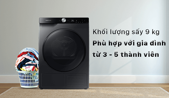 Máy sấy bơm nhiệt Samsung Inverter 9kg DV90T7240BB SV có khối lượng sấy 9kg phù hợp với gia đình 3 - 5 thành viên