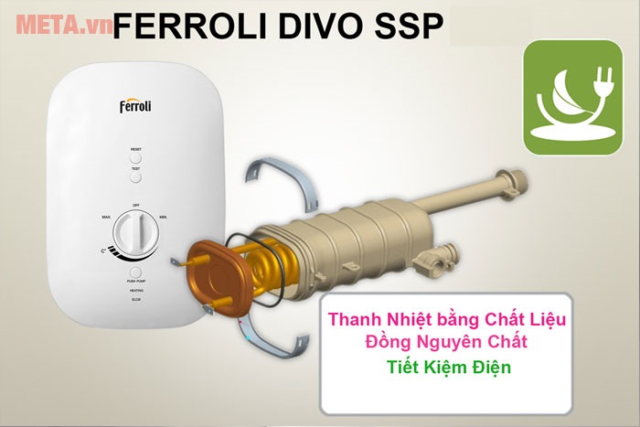 Bình nóng lạnh Ferroli DIVO SSP có thanh đốt bằng đồng nguyên chất làm nóng nhanh, độ bền vượt trội