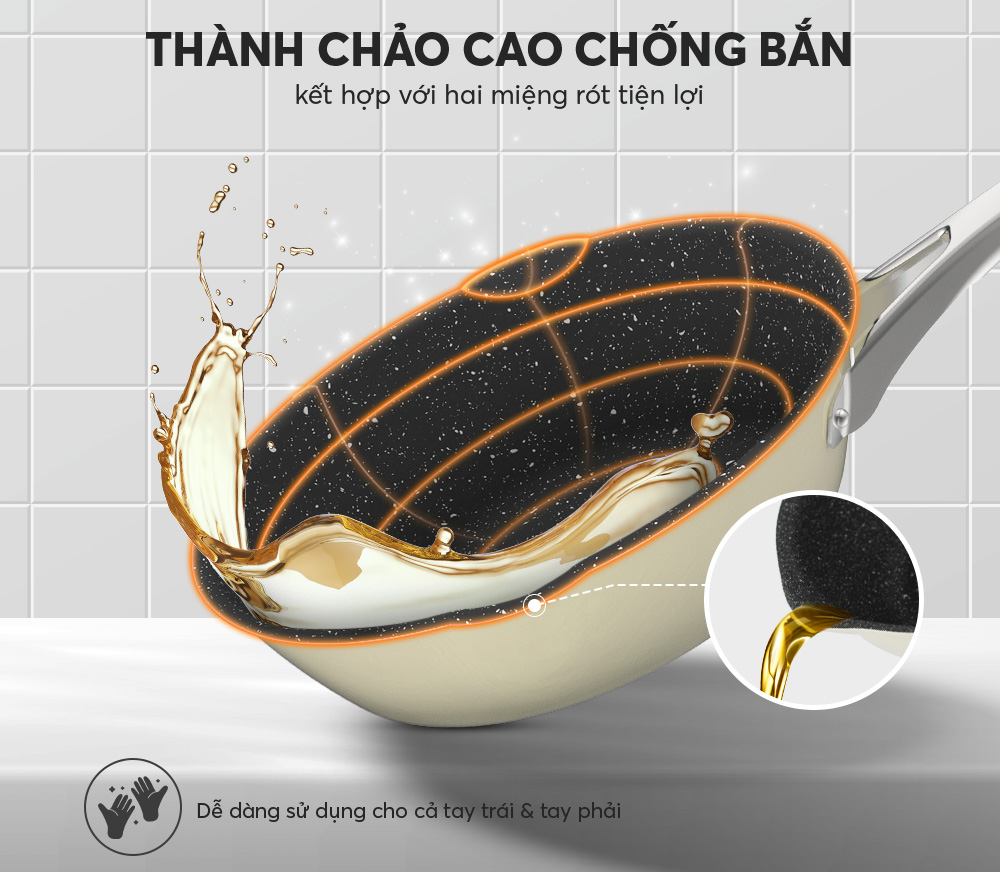 Thành chảo cao hạn chế bắn thực phẩm khi đảo, xào