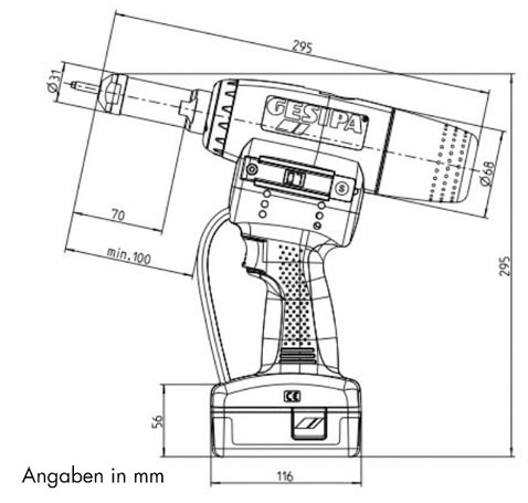 Kích thước súng rút rive bằng pin Gesipa FIREFOX 2 Gesipa FIREFOX 2