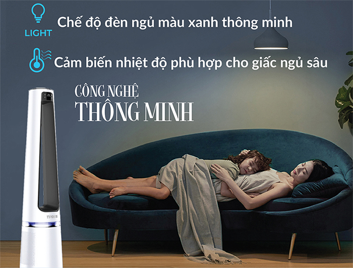 Quạt tháp không cánh và lọc không khí Tiross TS9176 chế độ đèn ngủ màu xanh