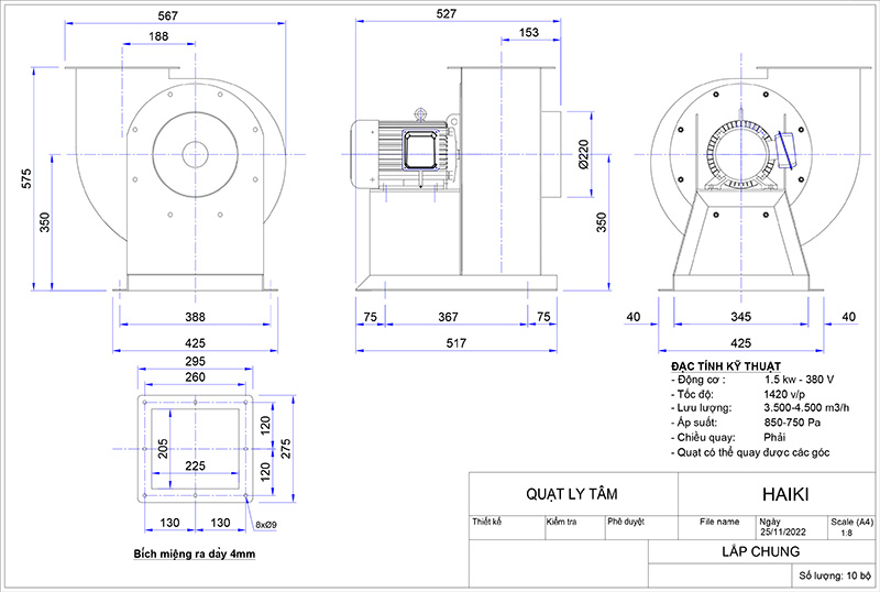 Bản vẽ quạt ly tâm tăng áp hút khói HAIKI HK71-3.0A-1.5