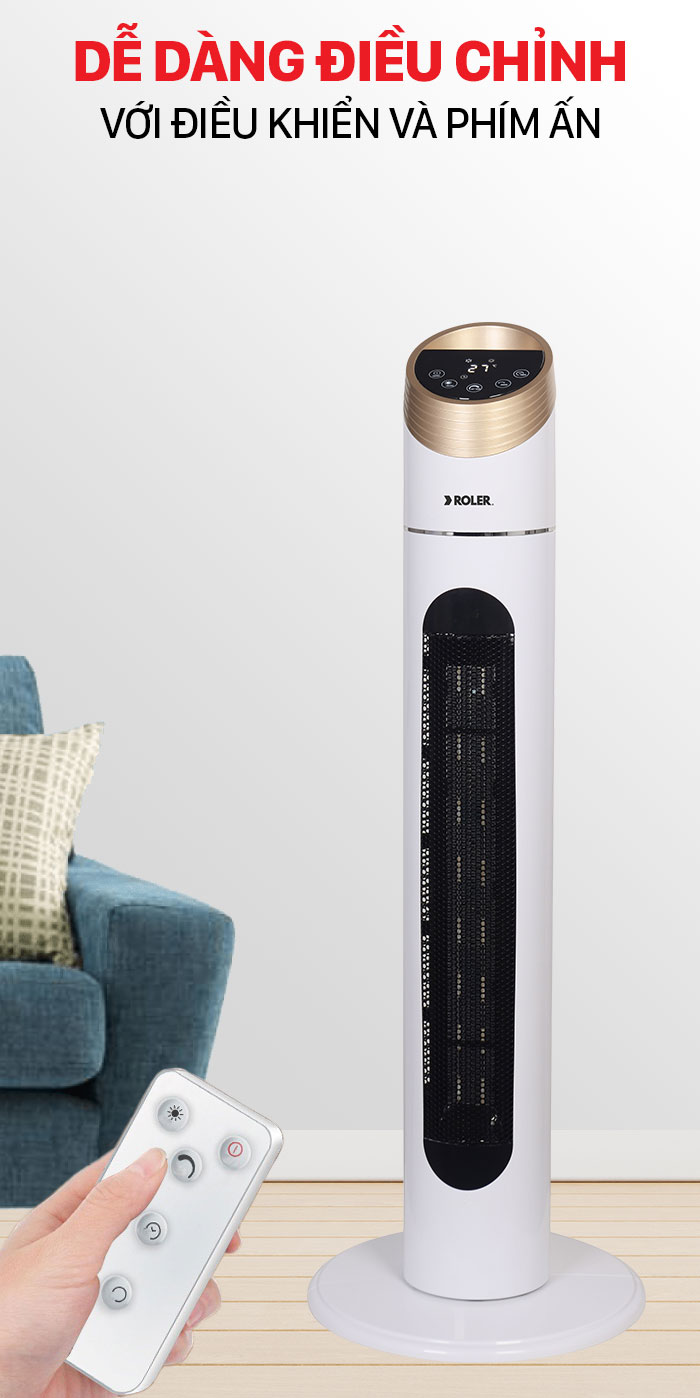 Quạt sưởi gốm Roler RC-2122R có bảng điều khiển cảm ứng và remote từ xa tiện lợi