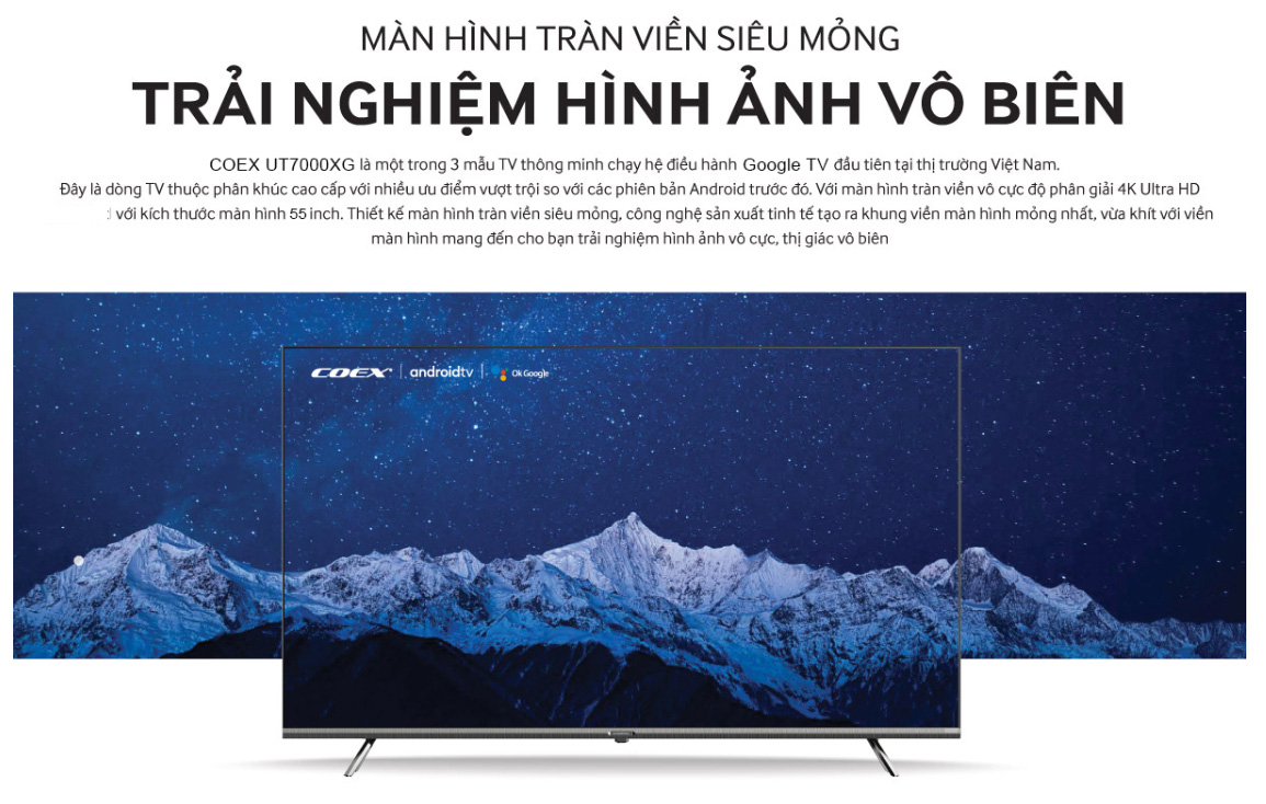 Tivi siêu mỏng 55 inch Coex 4K 55UT7000XG có thiết kế sang trọng, hiện đại