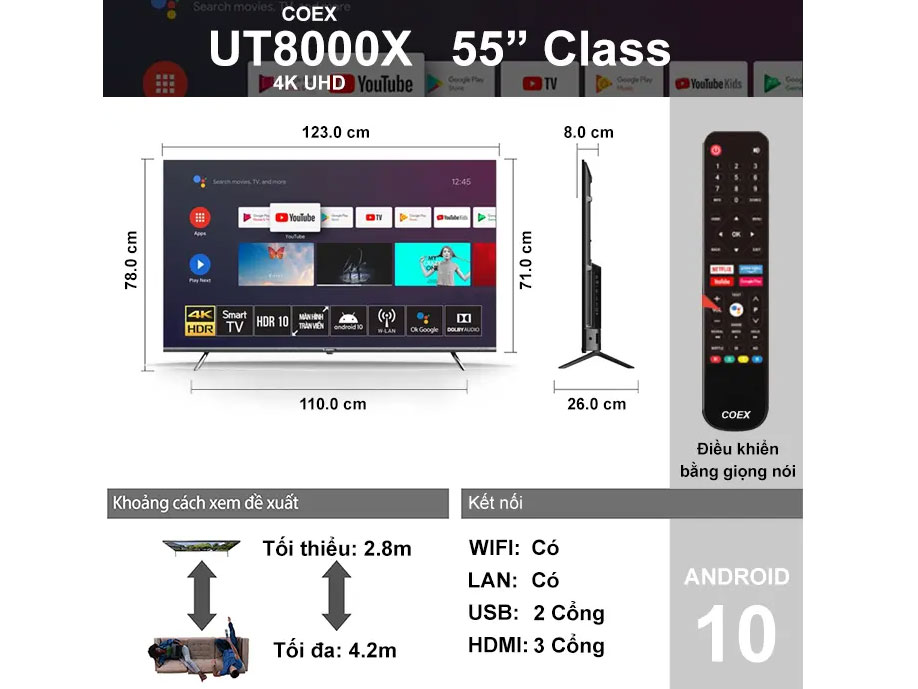 Kích thước tivi Coex 55 inch 55UT8000X