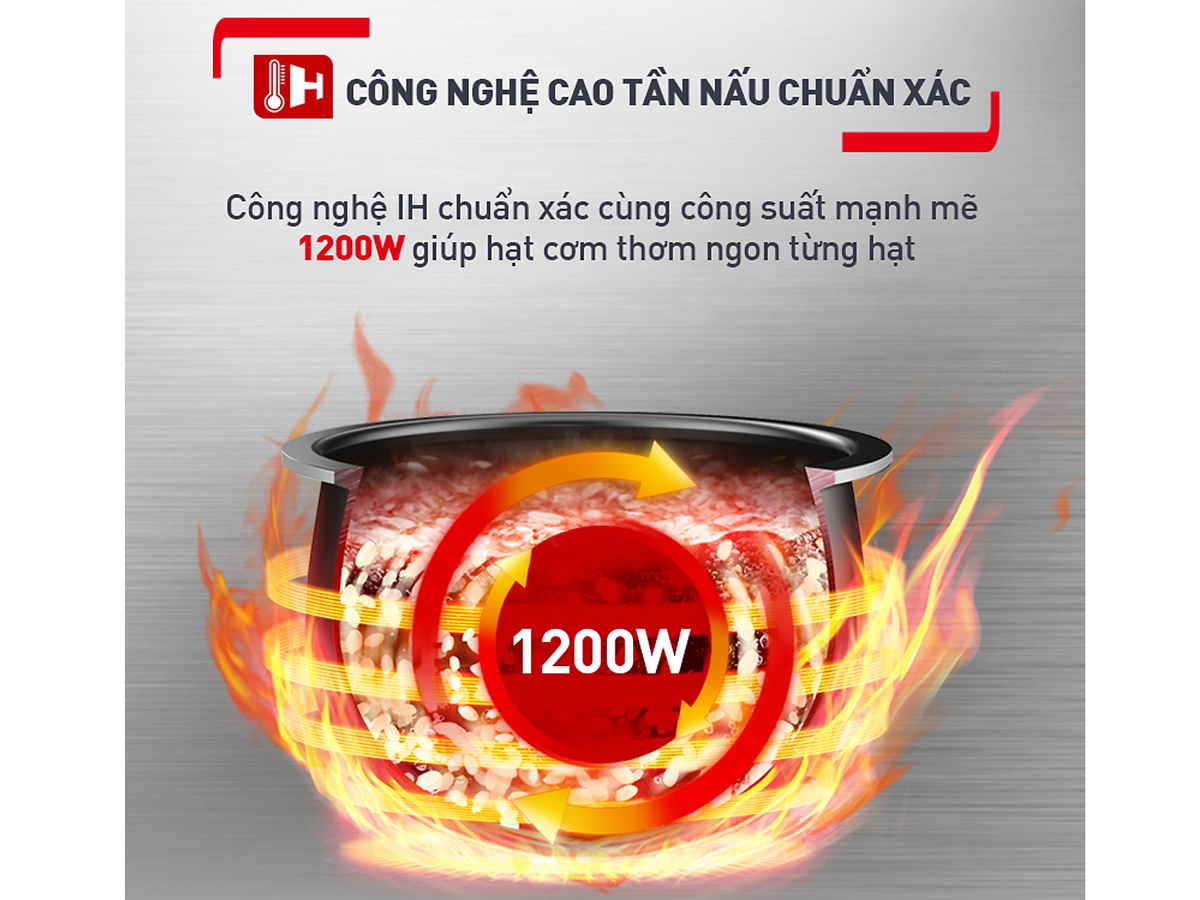 Công suất hoạt động của nồi cơm điện Tefal RK818A68 là 1.200W giúp nấu cơm nhanh chóng