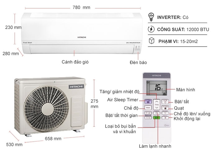 Kích thước máy lạnh Hitachi Inverter RAS-XJ13CKV