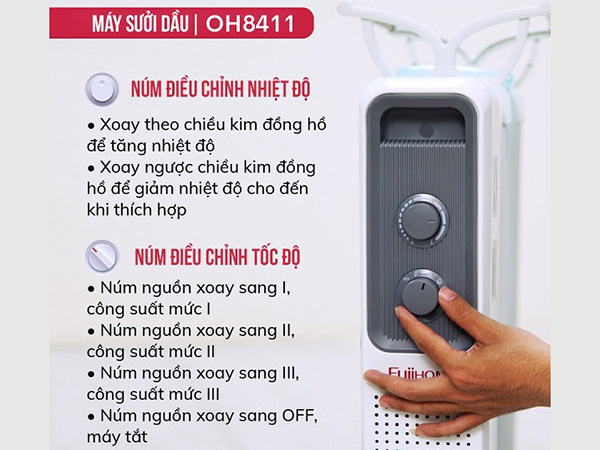 Máy sưởi dầu Fujihome OH8411 có núm điều chỉnh nhiệt độ, tốc độ