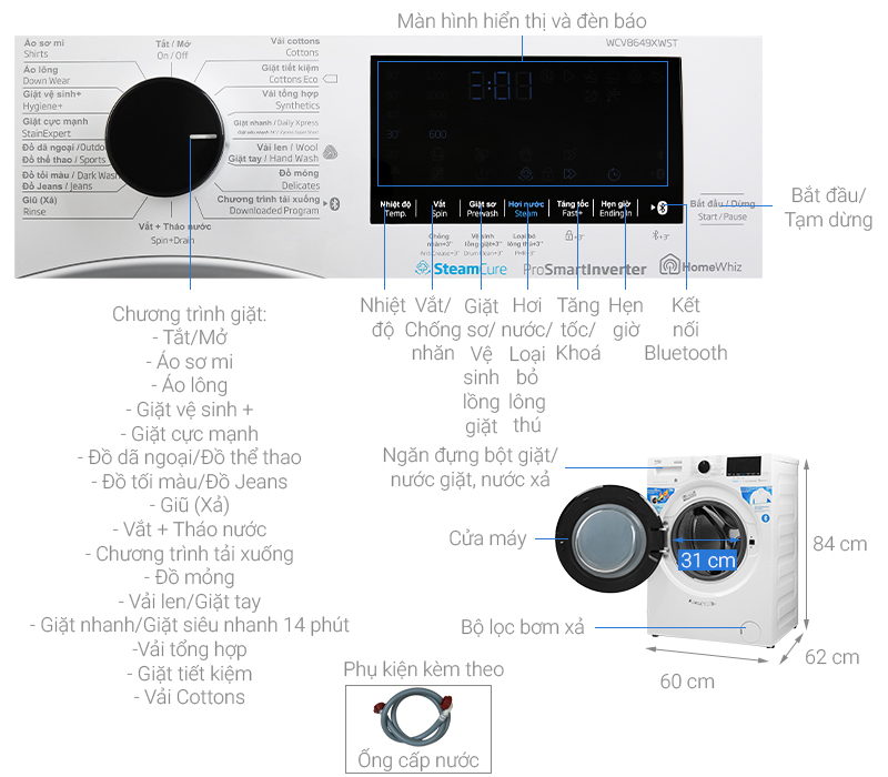 Máy giặt Beko Inverter 8kg WCV10649XWST