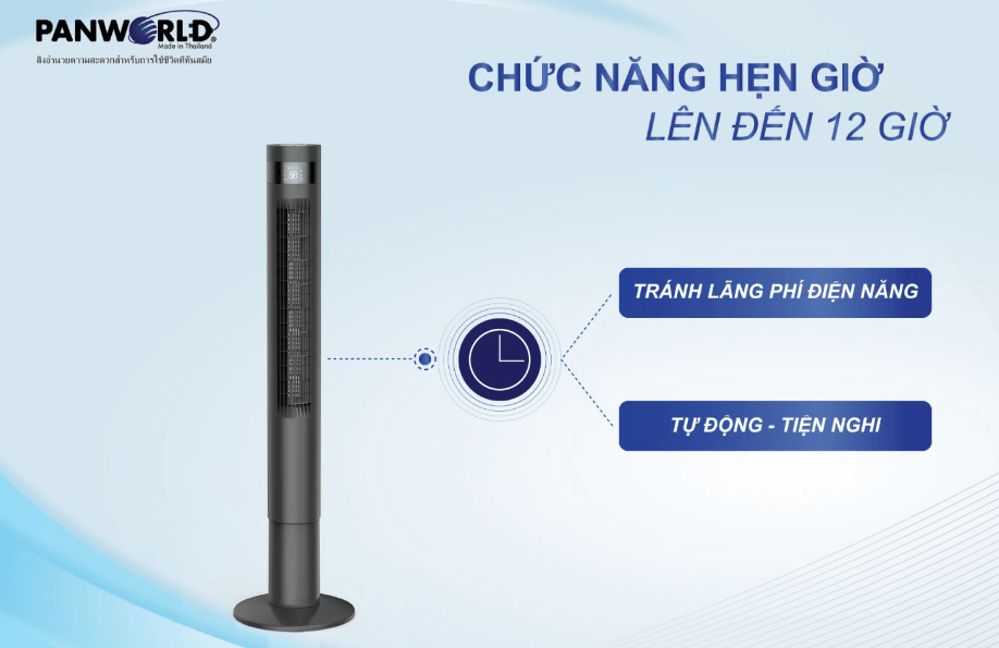 Quạt tháp Panworld PW 019 cho phép bạn tùy chỉnh thời gian tắt quạt từ 1 - 12 tiếng