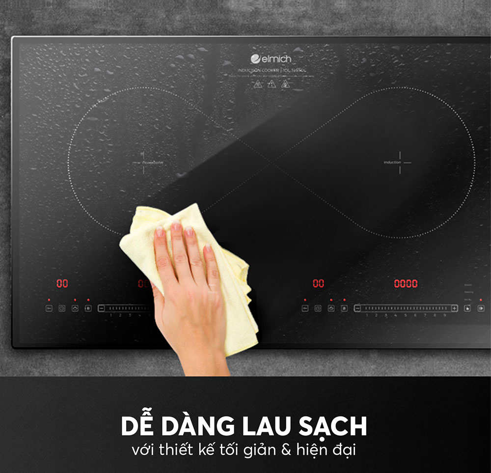 Mặt bếp của bếp từ âm Elmich ICE-3495OL được làm bằng kính cường lực, dễ lau chùi