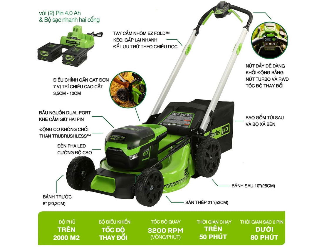 Máy cắt cỏ đẩy tay dùng pin Greenworks Pro 60V MO60L424