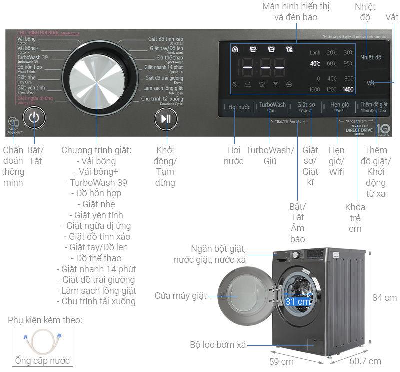 Tổng quan máy giặt LG Inverter FV1414S3B 12kg