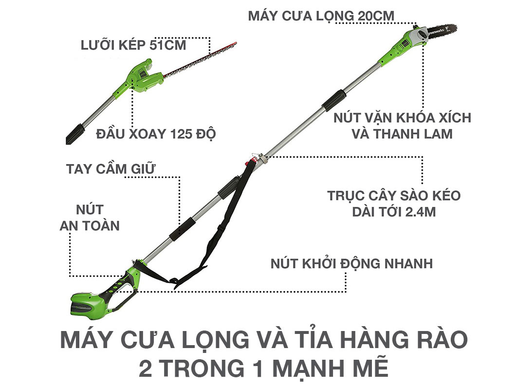 Máy cắt tỉa hàng rào dùng pin Greenworks 40V G40PSH61 (1300607)