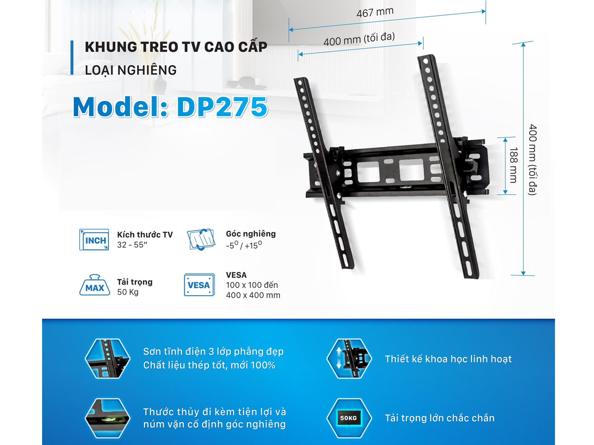 Khung treo tivi cao cấp loại nghiêng Đại Việt DP275