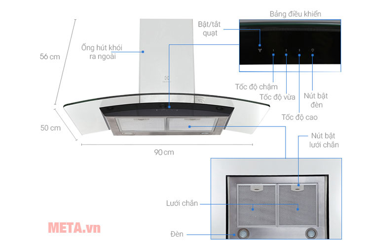 Ghi chú kích thước và bảng điều khiển của máy hút mùi Elexctrolux EFC936GAR