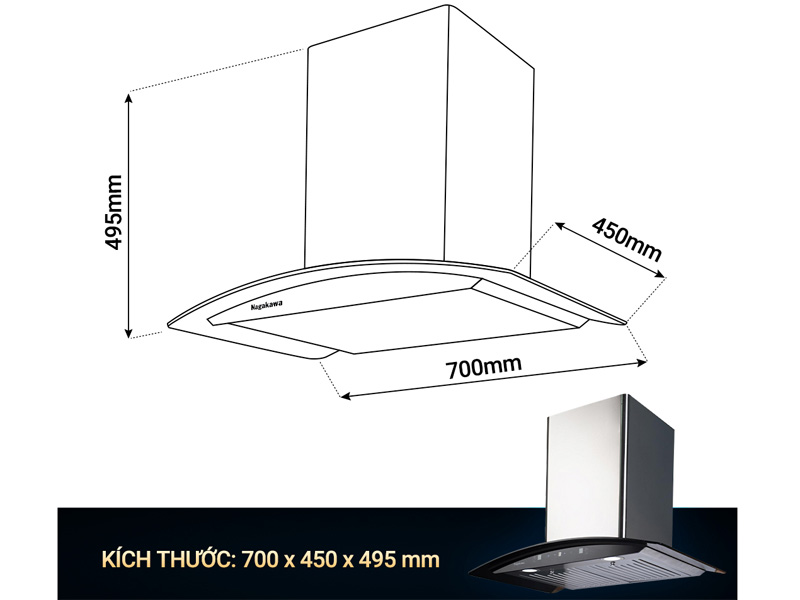 Kích thước lắp đặt máy hút mùi Nagakawa NAG1855-70CM