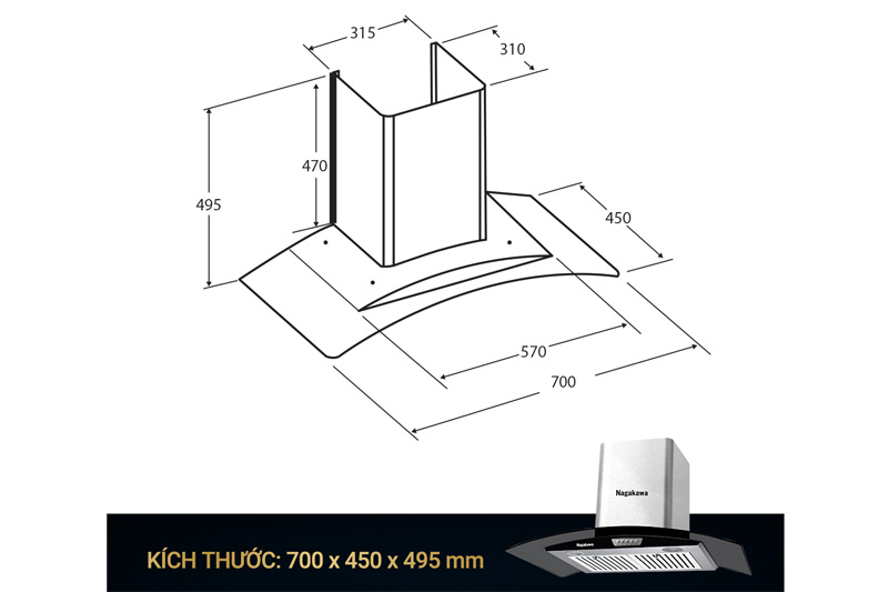 Kích thước lắp đặt máy hút mùi Nagakawa NAG1857
