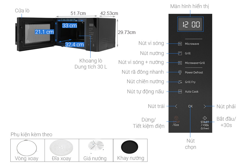 Lò vi sóng có nướng Samsung MG30T5018CK/SV