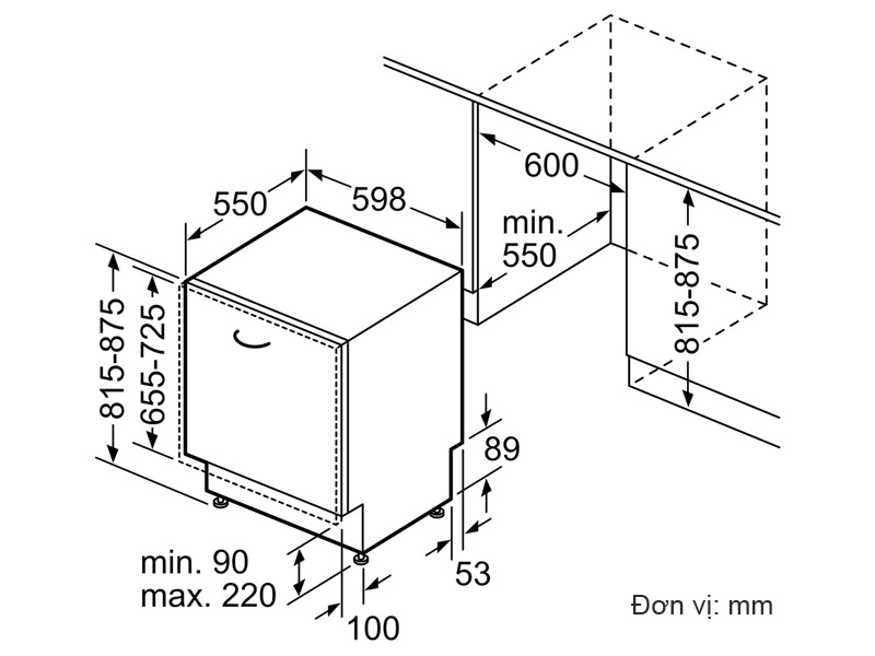 Bản vẽ kích thước lắp đặt máy rửa bát Siemens SN87YX01CE