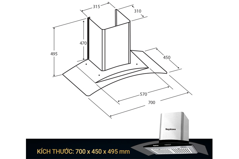 Bảng vẽ kích thước máy hút mùi Nagakawa NAG1853