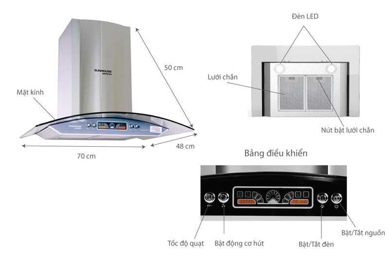 Cấu tạo máy hút mùi kính cong Sunhouse mama MM6716-70