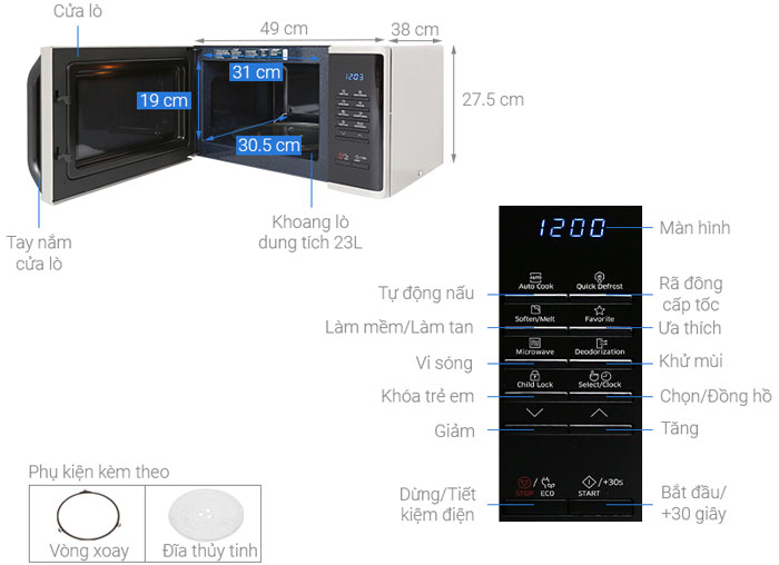 Cấu tạo của lò vi sóng Samsung MS23K3513AS SV N 23 lít