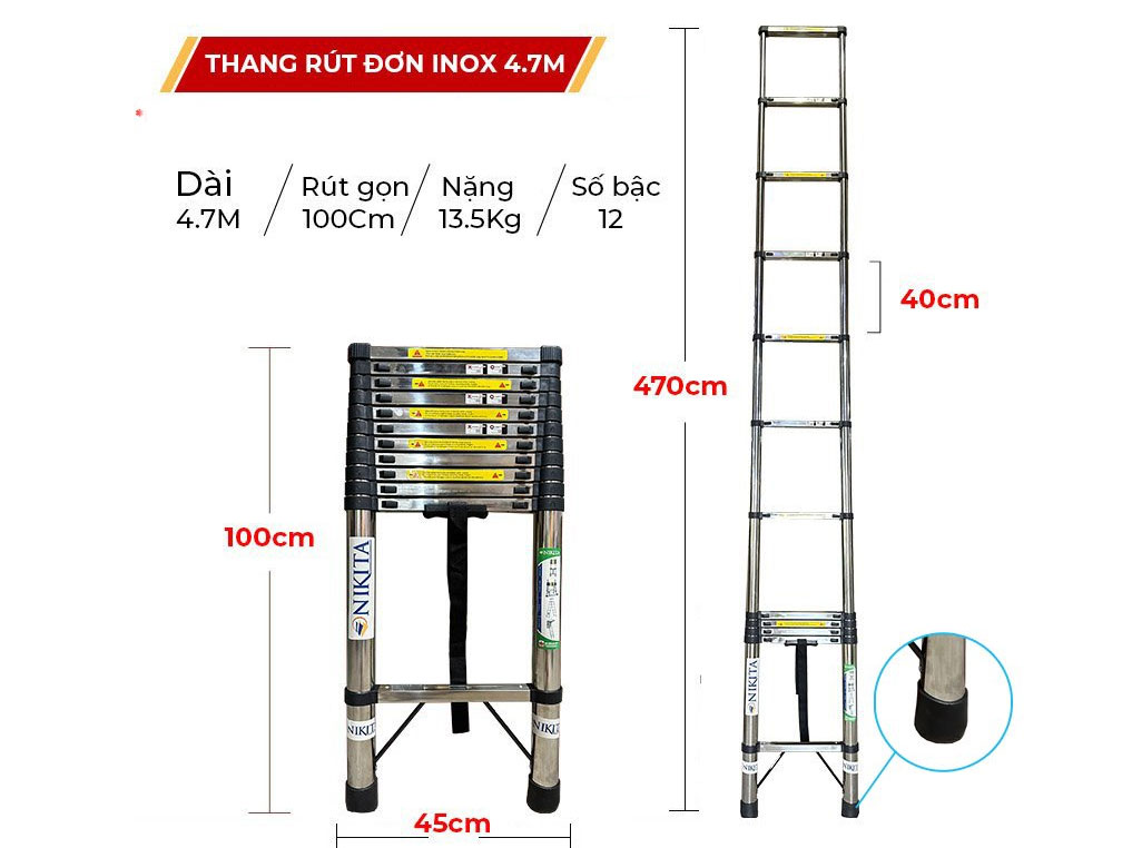 Thang inox rút đơn gấp gọn Nikita ID47