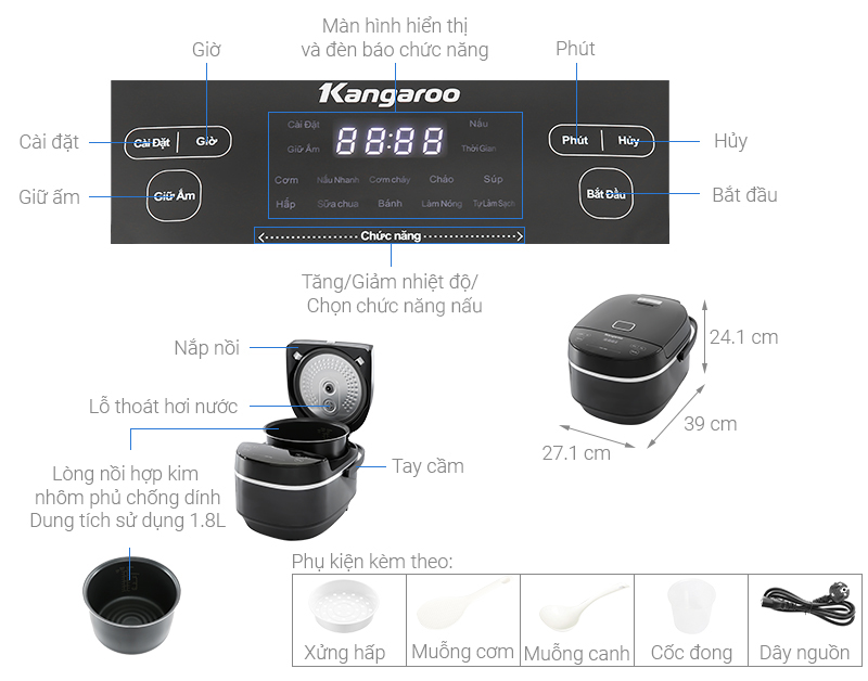 Cấu tạo của nồi cơm cao tần Kangaroo 1.8 lít KG18RIH1