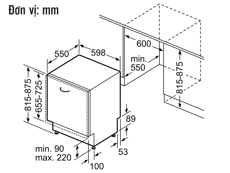 Kích thước lắp đặt Máy rửa bát âm tủ 13 bộ Bosch SMV4HVX31E