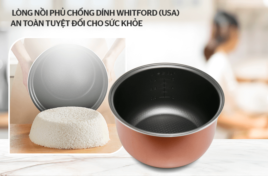 Mặt trong lòng nồi cơm điện Sunhouse SHD8607W được phủ chống dính Whitford (USA) siêu bền