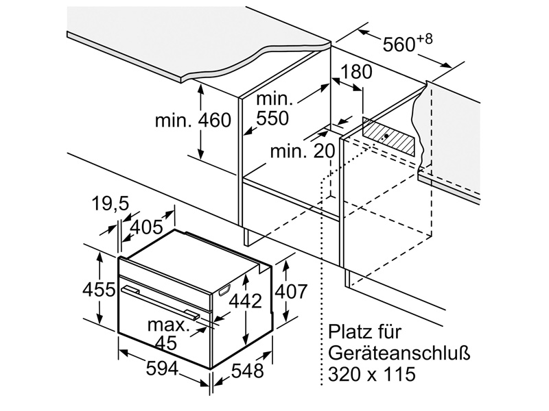 Kích thước lắp đặt Lò hấp âm tủ Bosch CDG634AB0