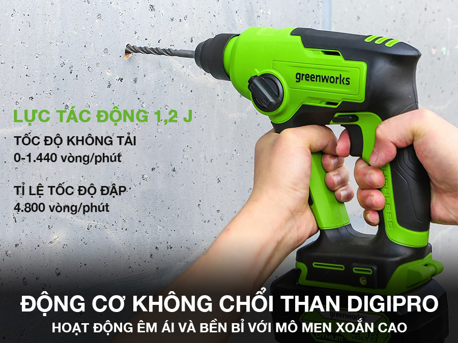 Máy khoan búa dùng pin Greenworks 24V 1.2J GD24SDS1