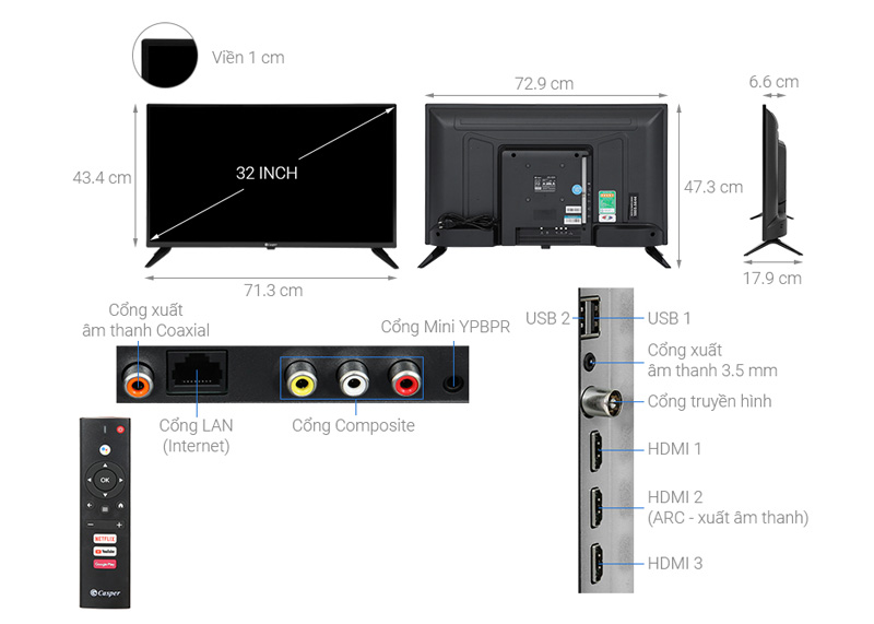 Kích thước, cấu tạo Android Tivi Casper 32 inch 32HGA510