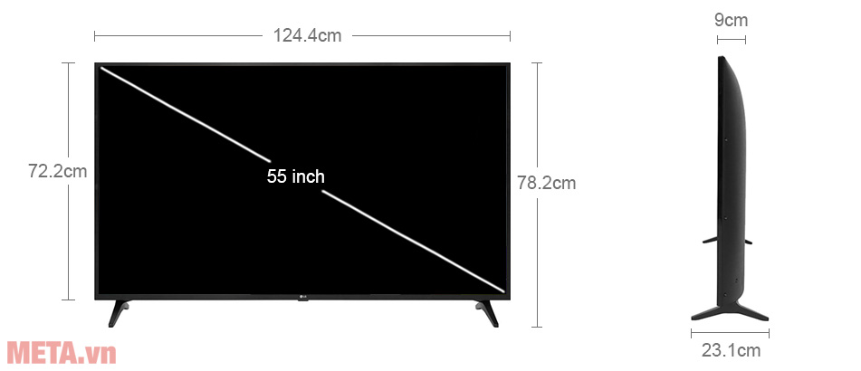 Kích thước TV LG Smart 4K 55UM7290PTD khi có chân đế 